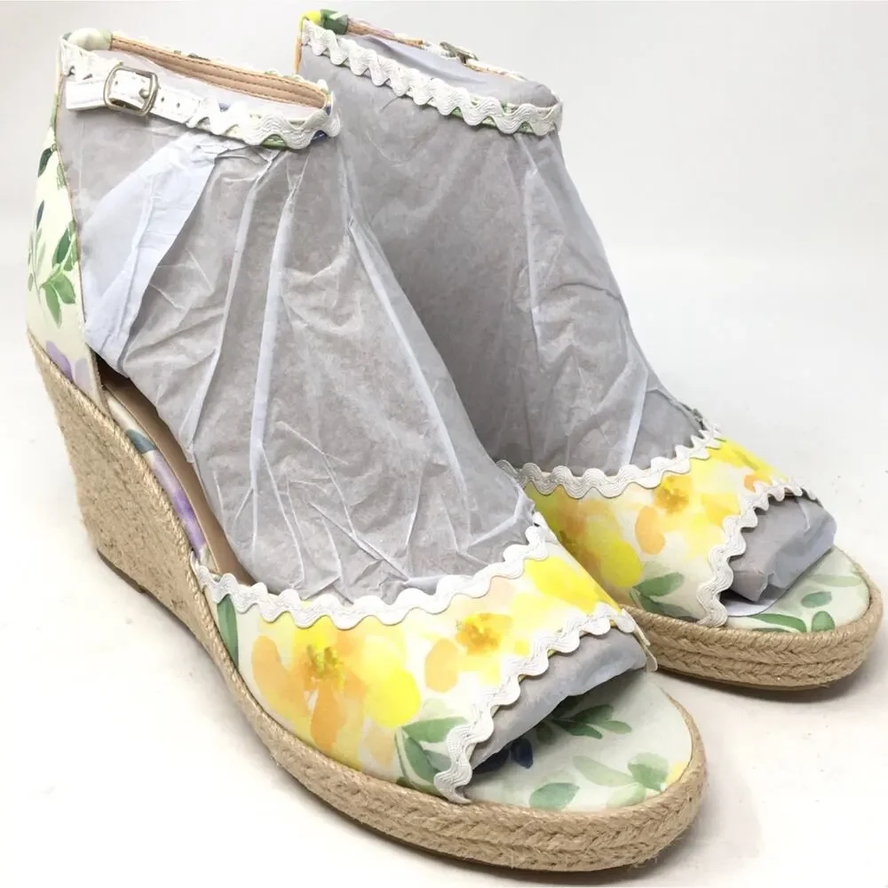 Bandolino Kendri7 Women's Sz 10M Yellow Floral Espadrille Peep Toe Wedge Sandals